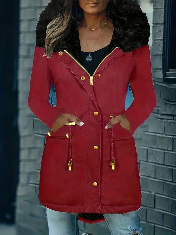 Zip-up Button Front Parka Thermal Long Sleeve Fur Trim Hooded Drawstring Winter Coat, Women's Clothing_voghion.com