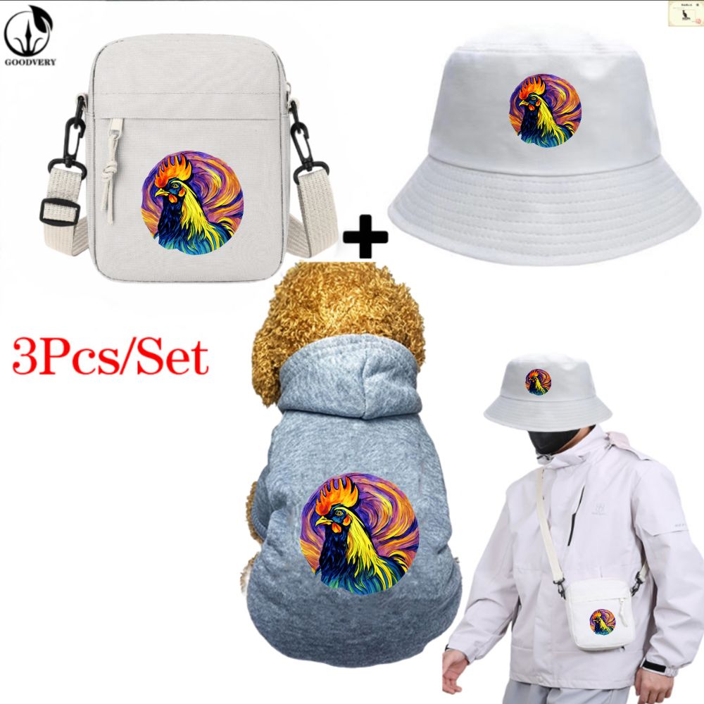 Animal Kangaroo 3-teiliges Set mit Tasche und Hut, flammender Totenkopf-Print, Haustierbekleidung, dreiteilige Kombination, bequeme Winterkleidung für Haustiere, ideal für Reisen mit Haustieren im Freien_voghion.com