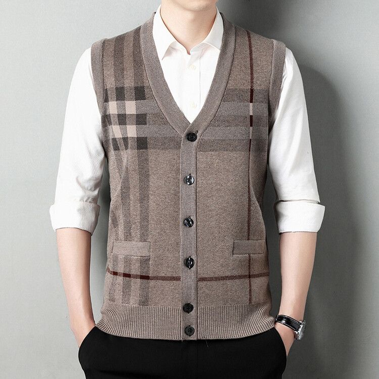 Jacquard-Strickweste für Herren – Ärmelloser Pullover mit V-Ausschnitt (Rot/Grau/Khaki/Schwarz, M-XXXL)_voghion.com