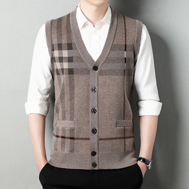 Jacquard-Strickweste für Herren – Ärmelloser Pullover mit V-Ausschnitt (Rot/Grau/Khaki/Schwarz, M-XXXL)_voghion.com