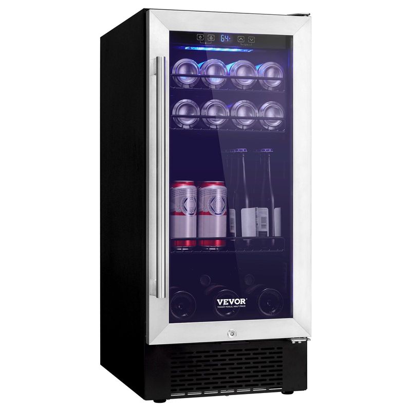 VEVOR Wine Cooler, 96 Cans Capacity Under Counter Built-in Or Freestanding Wine Refrigerator, Beverage Cooler With Blue LED Light, Single Door, Child Lock For Drink Beer Soda Wine Water, ETL Listed_voghion.com
