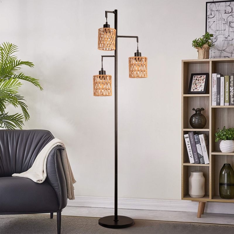Boho Rattan Floor Lamp - Standing Lamps For Living Room Dimmable Floor Lamp With Cage Shade, Industrial Farmhouse Floor Lamps Rustic Floor Lamps Vintage Lamp For Living Room Bedroom Office_voghion.com