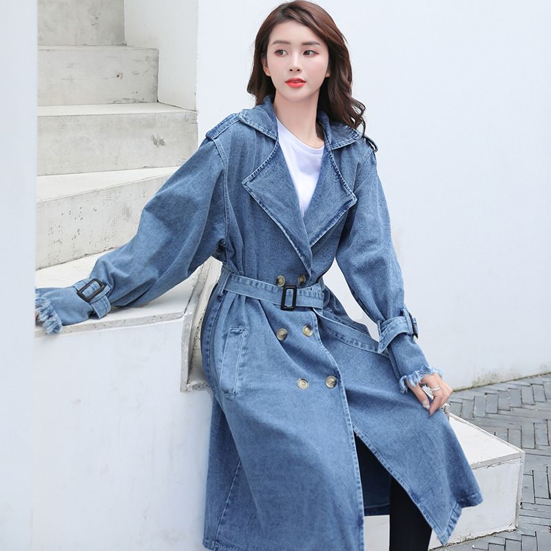 Trench-coat ample mi-long en denim grande taille avec ceinture et boutons croisés pour femme 19212_voghion.com