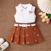 Kids’ Clothing Summer Girls Suit Stand Collar Sleeveless Top Printed Bow Pleated Skirt With Belt_voghion.com