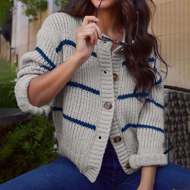 "Dames lange mouwen gestreepte cardigan trui - zachte acryl brei, V-hals losse pasvorm, casual en elegante open voorkant jas voor herfst en winter"_voghion.com