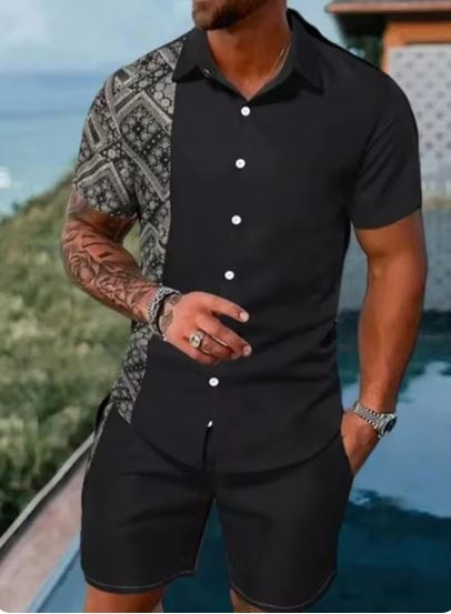 Roupas masculinas, camisa de verão, casual, solta, manga curta, shorts, praia, terno, impressão 3D_voghion.com