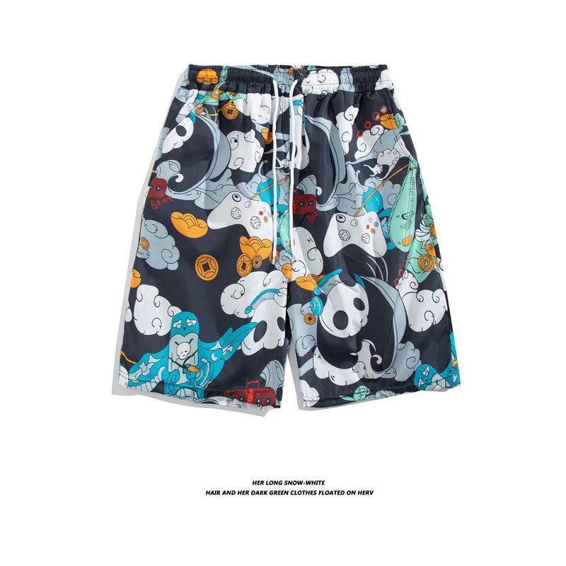 Shorts für Herren mit Blumenmuster, schnelltrocknend, dünn, modisch, vielseitig, mit Fünf-Punkt-Strandshorts mit hawaiianischem Panda-Print_voghion.com