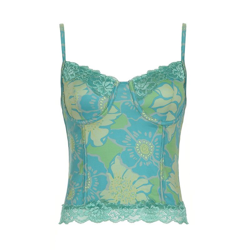 Blumendruck im amerikanischen Urlaubsstil mit Spitzenrand auf der Brust, kleines Camisole für Damen, rückenfreie, schmal geschnittene Weste mit V-Ausschnitt für_voghion.com