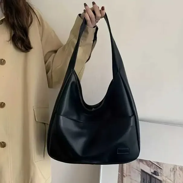 Women Hobo Simple PU Leather Solid Shoulder Bag 2023 Fashion Large Capacity Handbag For School WorkC241106_voghion.com