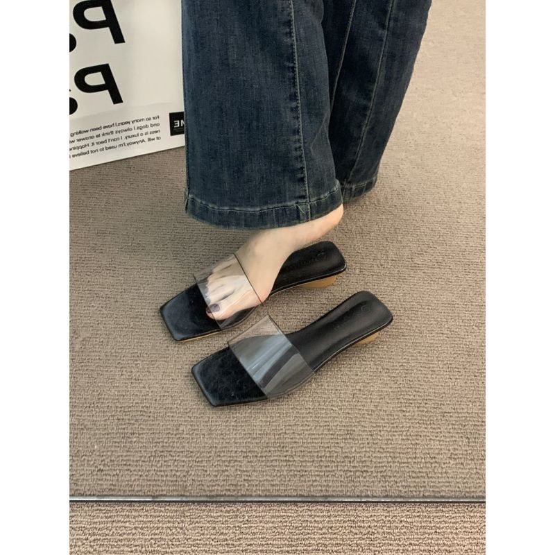 French Transparent Tape Coffee Temperament One Line Slippers Women Wearing Thick Fashionable Fairy Sandals For Vacation_voghion.com