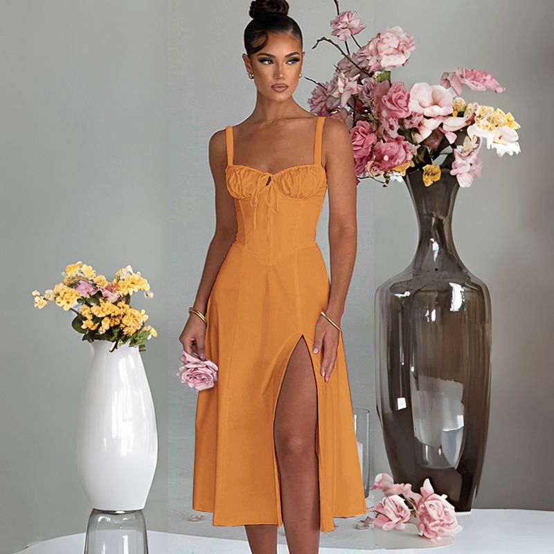 Europäische und amerikanische Frühlings- und Sommermode, lässig, mit Schnürung, schmal geschnitten, Schlitz, Sling, High-End-Kleid für Damen_voghion.com