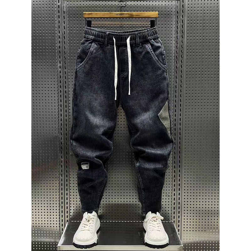 Trendy American style patchwork jeans for men's trendy waistband versatile elastic slim fit drawstring casual pants_voghion.com