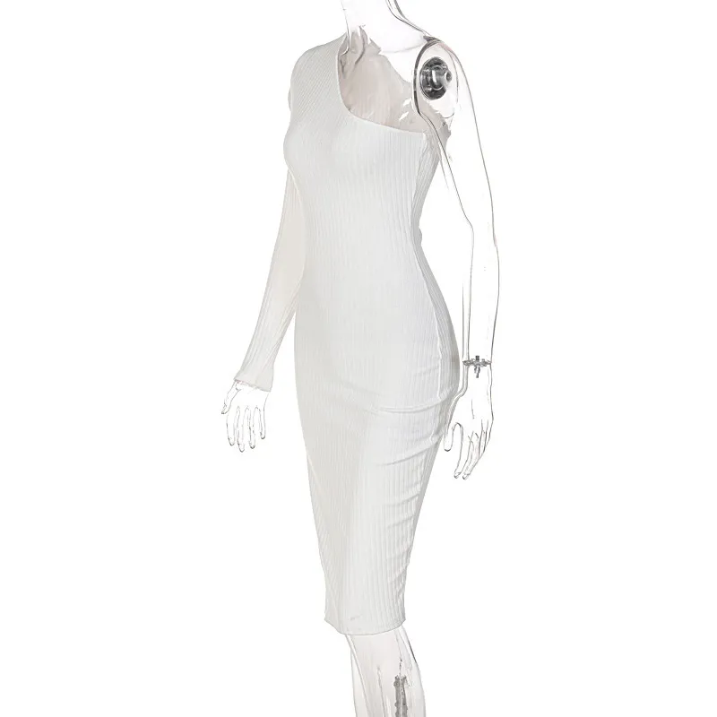 Women's Clothing fashion solid color knitted slanted shoulder slit dress_voghion.com