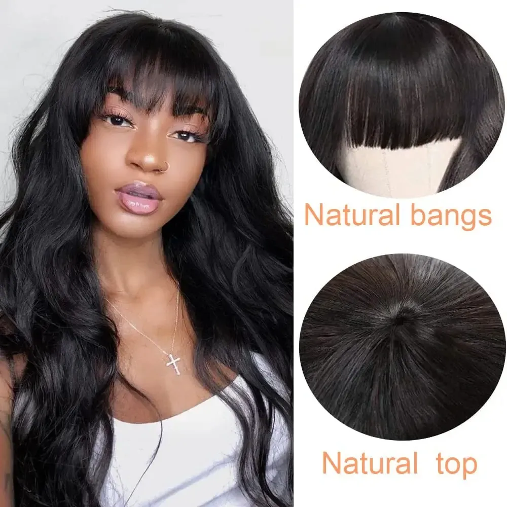 Body Wave Human Hair Wig With Bang For Women 180 Density Remy Indian Hair Full Machine Made Body Wave Wig With Bangs_voghion.com