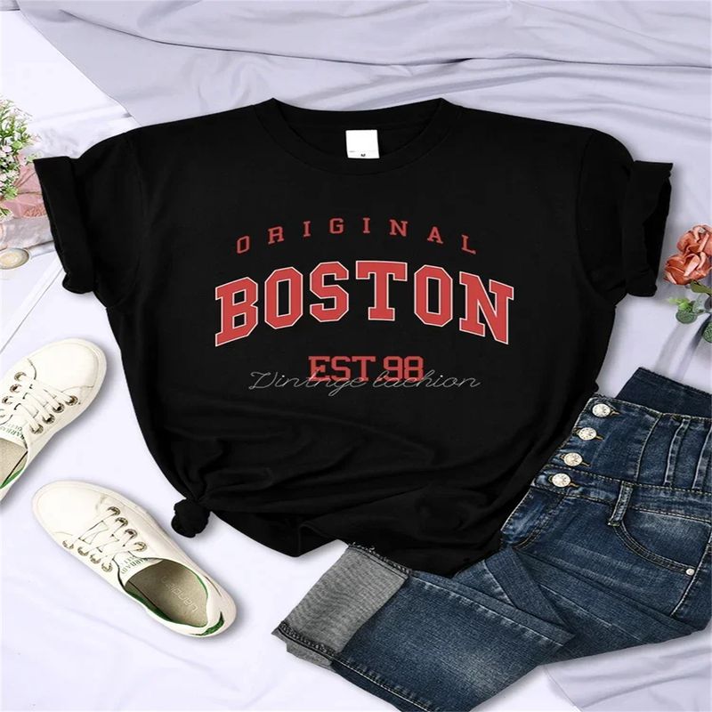 Origineel Boston Est.98 Street Letter T-shirt voor dames, zomer, ademend, hiphop, casual, cool, korte mouwen, zachte straatkleding._voghion.com