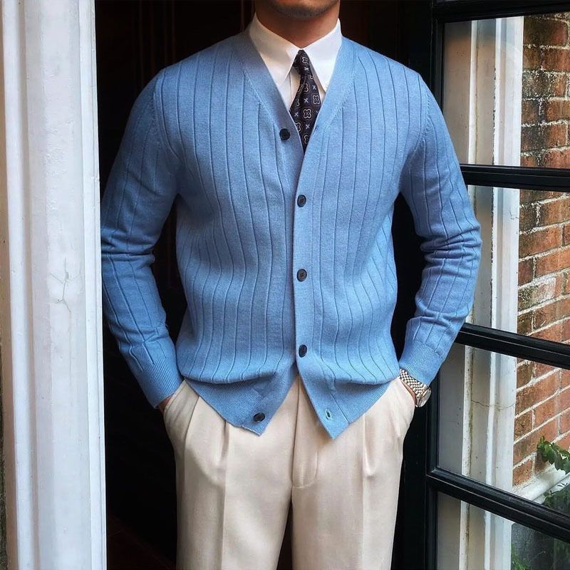 Men's clothing knitted cardigan casual V-neck button sweater solid color jacket_voghion.com