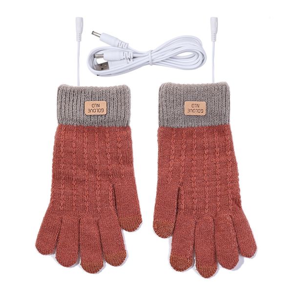 Gants chauffants USB pour femmes, cinq doigts, étiquette en cuir, compatibles avec les écrans tactiles, épais, compatibles avec les ordinateurs, les chargeurs de voiture, les batteries externes et en imitation cachemire._voghion.com