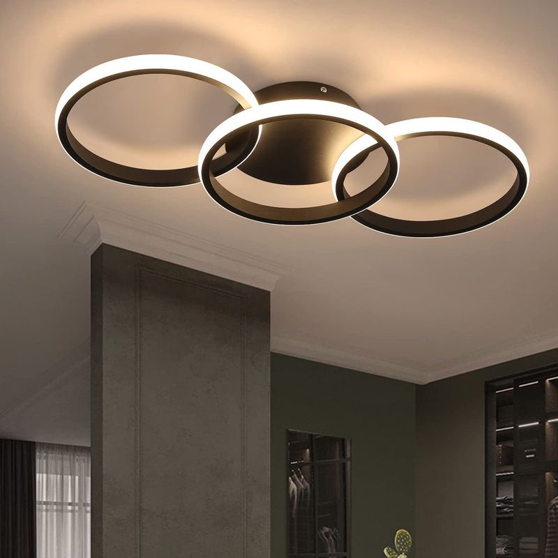 LED Deckenleuchte Wohnzimmer-Schwarz Deckenlampe 36W Modern Design Schlafzimmerlampe Mit 3 Metall Ringe 3000K Warmweiß Küchenlampe Für Esszimmer Flur_voghion.com