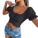 Damen Casual Kurzarm Chiffon Bluse Crop Top mit Bindegürtel_voghion.com