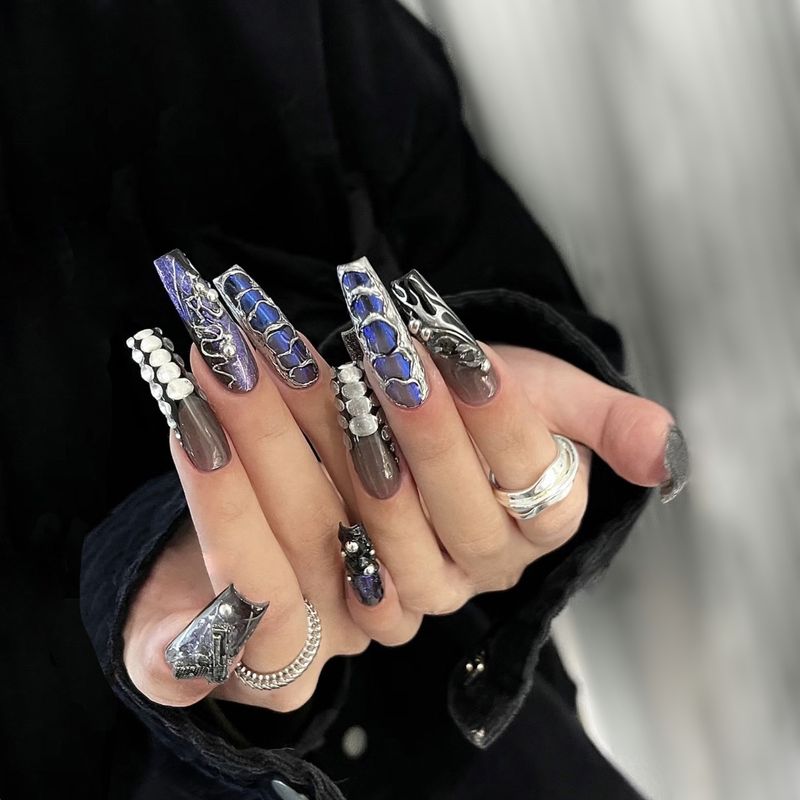 Lange 24 Stuks Extra Ballet Kunstnagels Kunstmatige Zwarte Goud Ontwerp Nep Nagels Wearable Doodskist Druk op Nagels Volledige_voghion.com
