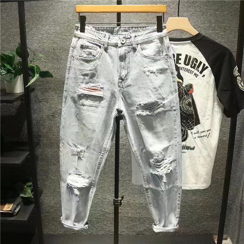 Pantalon de mendiant japonais ample et déchiré, délavé et délavé, tendance, neuf points, pour homme_voghion.com