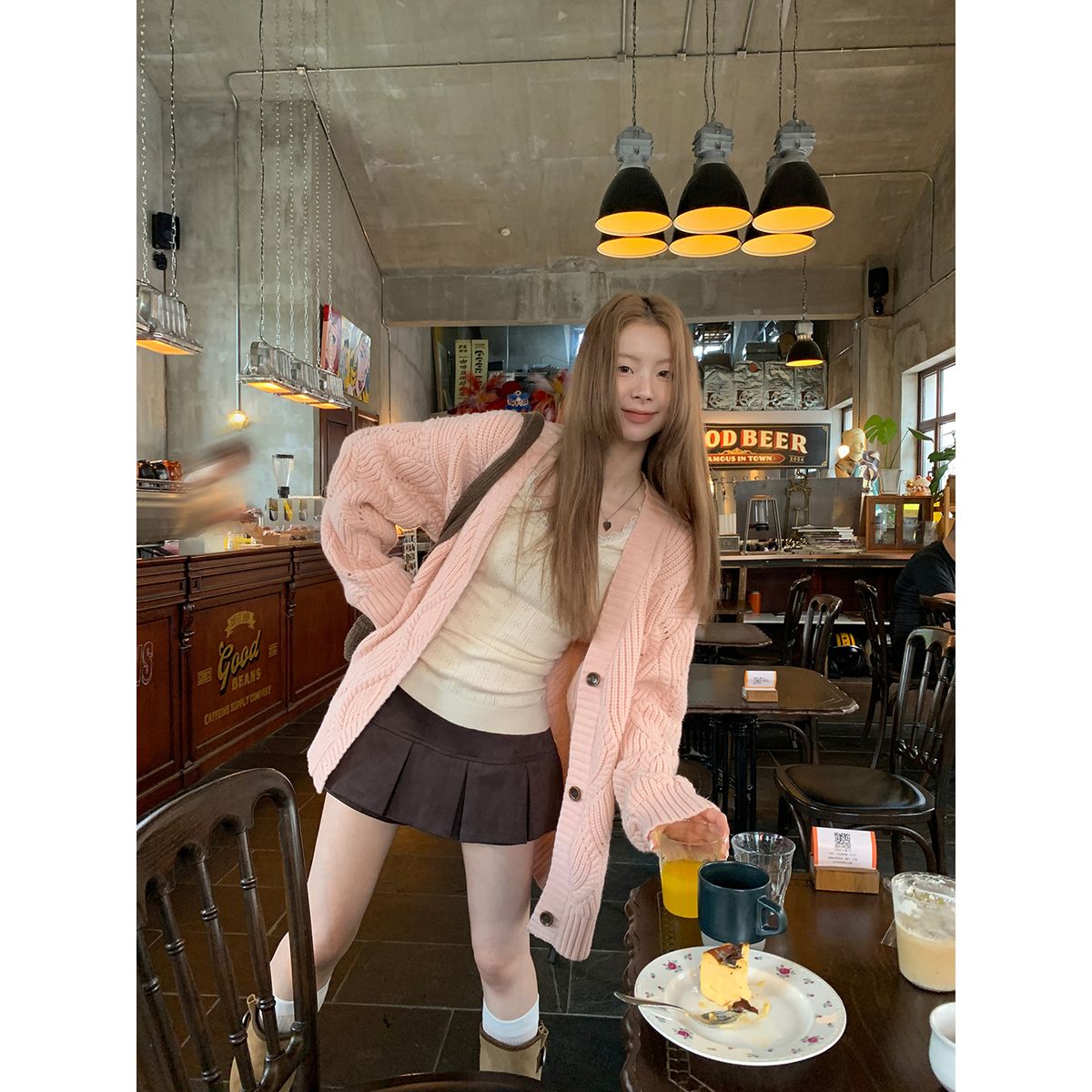 Dzianinowy kardigan dla kobiet, koreański strój na wczesną jesień, wierzchnia odzież, różowy, leniwy sweter_voghion.com