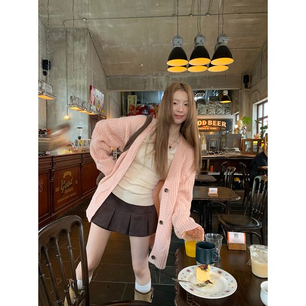 Dzianinowy kardigan dla kobiet, koreański strój na wczesną jesień, wierzchnia odzież, różowy, leniwy sweter_voghion.com