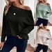 Maglietta a maniche lunghe da donna in maglia a nido d'ape con spalle scoperte – Top casual morbido ed elasticizzato per l'autunno, elegante pullover con scollo a U in nero, verde, beige_voghion.com