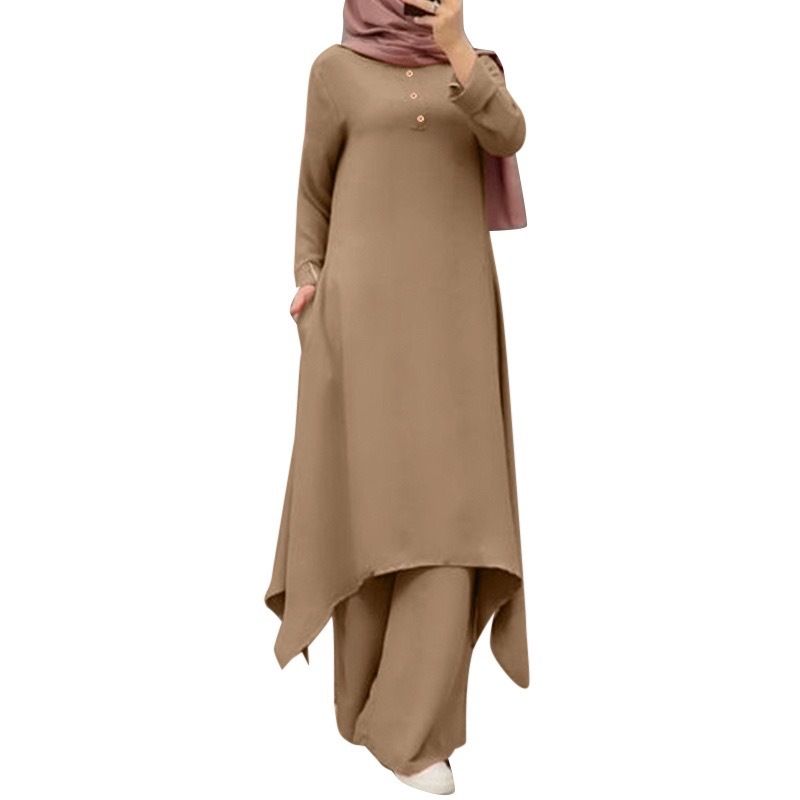Vêtements pour femmes musulmanes simples décontractées couleur unie col rond boutons décoratifs en bois à manches longues pantalon costume en stock_voghion.com
