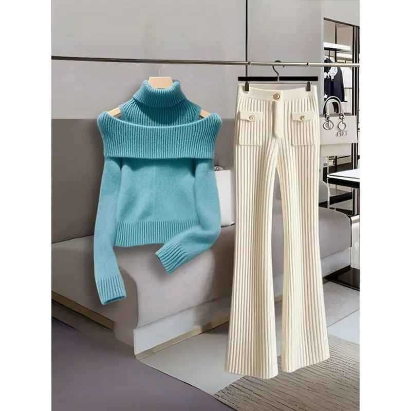 Vêtements pour femmes Costumes haut de gamme d'automne et d'hiver, uniques, filles chaudes, pull à épaules dénudées, pantalons décontractés polyvalents, costume deux pièces tendance_voghion.com