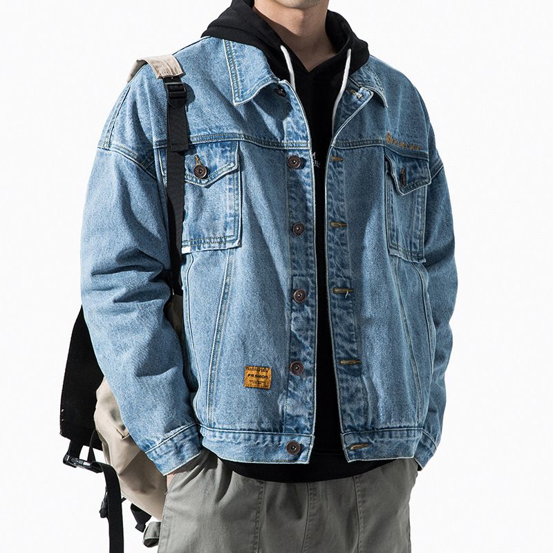Giacca in denim oversize da uomo, stile da lavoro, con cerniera e multitasche, stile casual, lavato nero/grigio, primavera/autunno_voghion.com