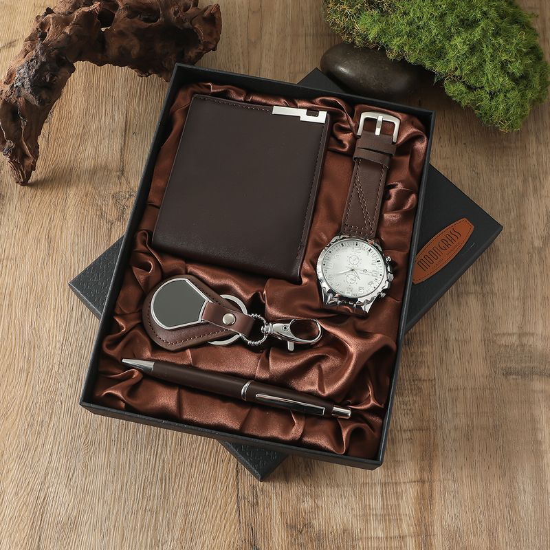 2025 Men's New Brown Watch Wallet Belt Keychain Gift Set 4pcs/set Quartz_voghion.com