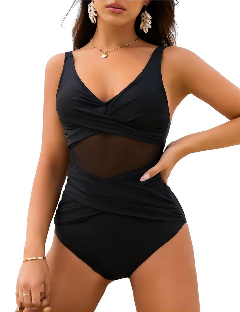 2025 New Solid Color Mesh Hollow Out One-Piece Slim Fit Swimsuit_voghion.com