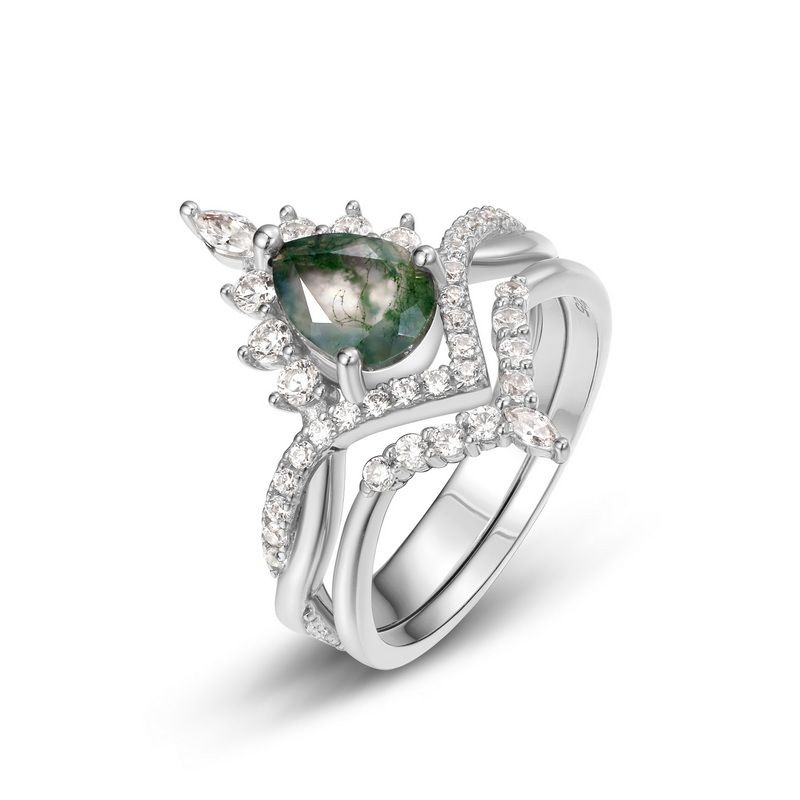 Anello in argento S925 con muschio verde e anello in agata erba acquatica femminile, moda, tutti abbinati_voghion.com
