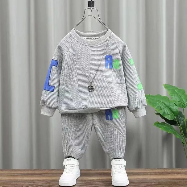 Barnkläder Pojkar Vårdräkt Ny stil Pojkar Långärmad jacquardtröja Träningsbyxor Fashionabla barndräkt vår och höst i två delar_voghion.com