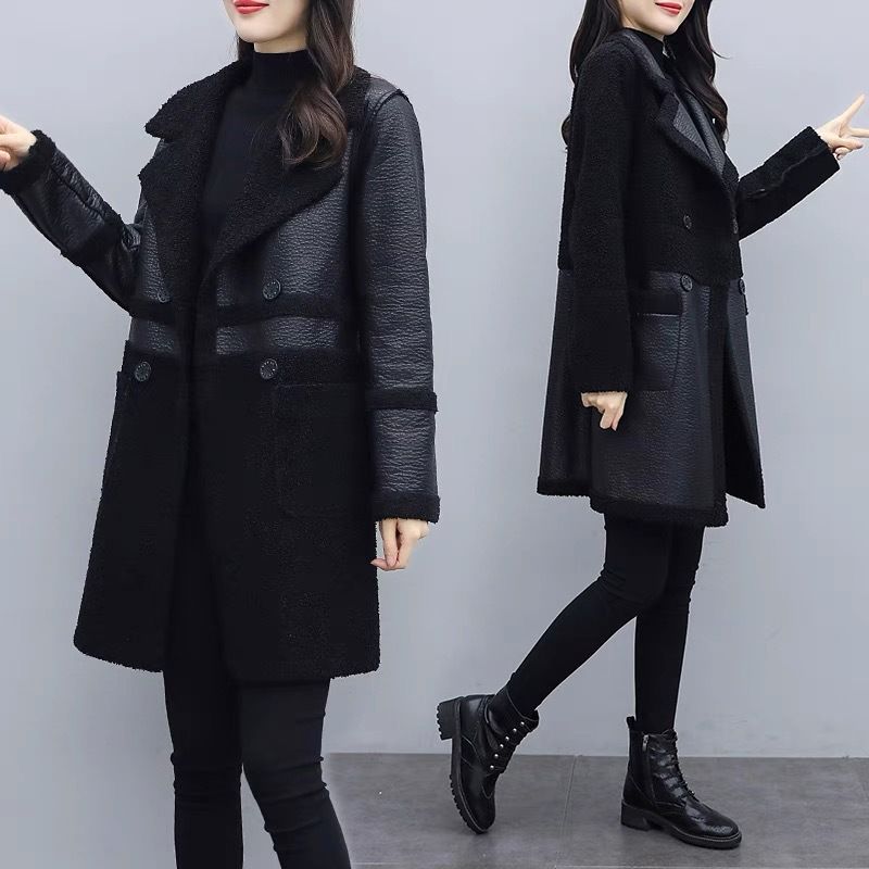 Women's fashion fur one with velvet thick suit collar wear loose plus fat plus leather coat on both sides_voghion.com