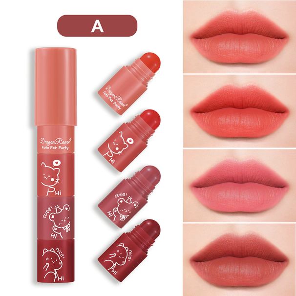 4-teiliges Mini-Lippenstift-Set – Kosmetikkollektion mit samtig-mattem Finish, bezauberndem Cartoon-Design, ideal für das Make-up unterwegs_voghion.com