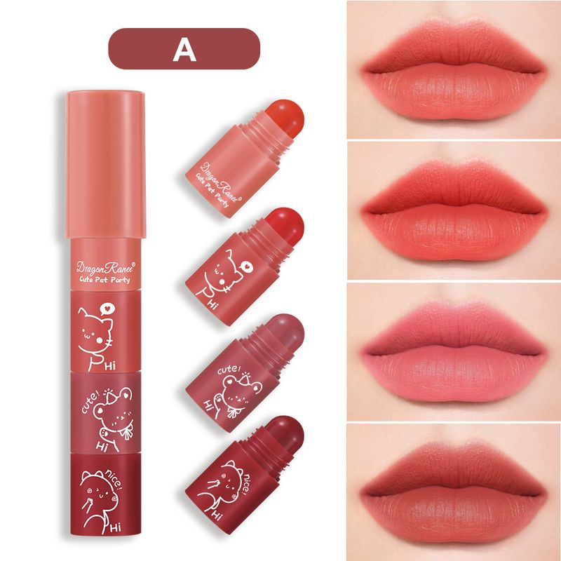 Set di 4 mini rossetti - Collezione cosmetica con finitura opaca vellutata, adorabile design cartoon, ideale per il trucco in movimento_voghion.com