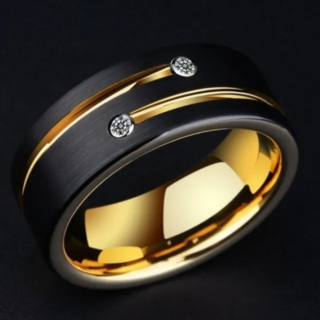 2025 New Arrivals Europe and America Fashions Mens Black Stainless Steel Gold Color Lines Ring Crystal Band for Men's Party Jewelry Gift_voghion.com