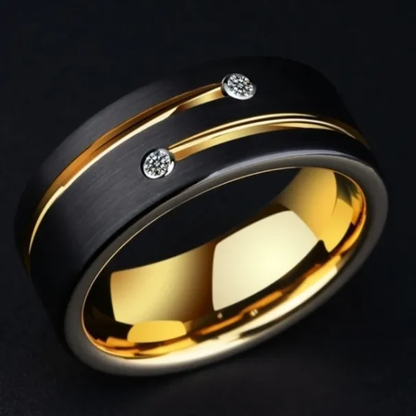 2025 New Arrivals Europe and America Fashions Mens Black Stainless Steel Gold Color Lines Ring Crystal Band for Men's Party Jewelry Gift_voghion.com