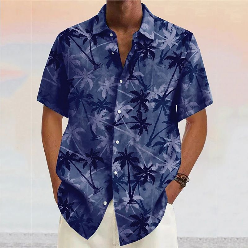 Men's Clothing Coconut Tree Graffiti Luminous Short Sleeve Print Outdoor Street Button Print Top_voghion.com