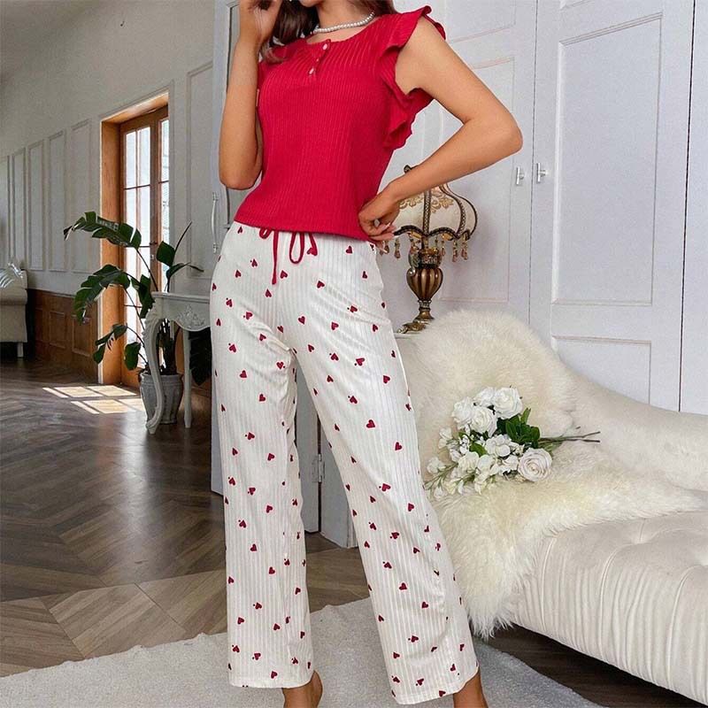 ChicShe Cross-Border Damen-Homewear-Pyjamahose mit Herzmuster, lange Hose, Rüschen, lässig, gerippt, tragbarer europäischer und amerikanischer Stil_voghion.com