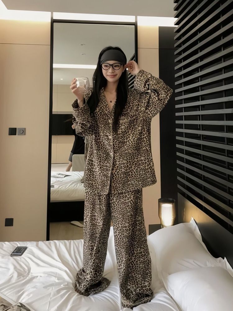 Luxurious Leopard Print Pajamas For Women, Loose Sleeve Long Pants, Spring And Autumn Couples' Homewear Set_voghion.com