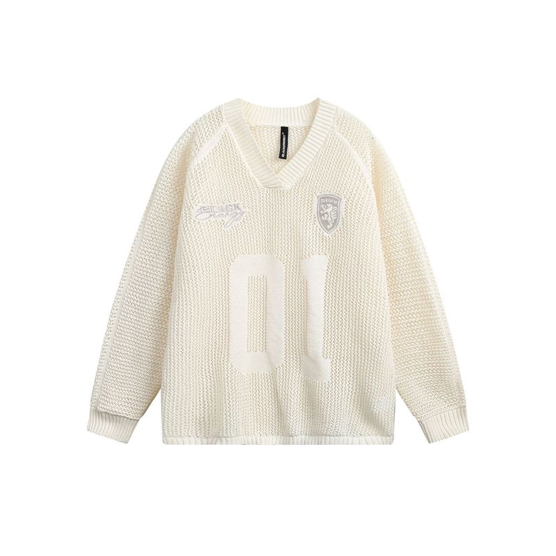 Jiayiku Herrenbekleidung 2025 Frühjahr Neuer amerikanischer Stil Jersey Hohldesign Gestrickter einfacher V-Ausschnitt Pullover Unisex_voghion.com