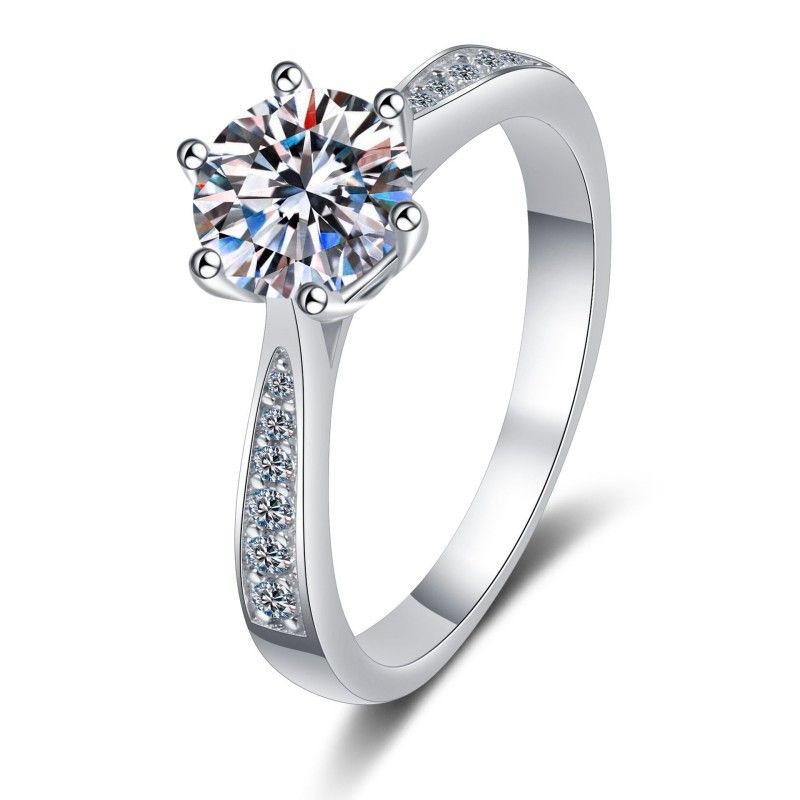 Moissanite Ring Women S925 Sterling Silver 1 Carat GRA Classic Six Claw Crown Ring_voghion.com