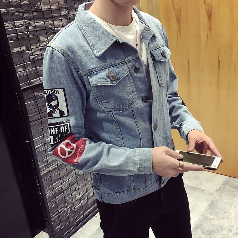 2018 autumn winter new jacket ripped and slim fit Korean style printed personalized denim top men's trendy_voghion.com