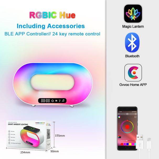 Luz de ambiente de carga inalámbrica, Bluetooth, luz rítmica, aplicación de luz de escritorio de color fantasía, 15 W, carga rápida para teléfono móvil_voghion.com