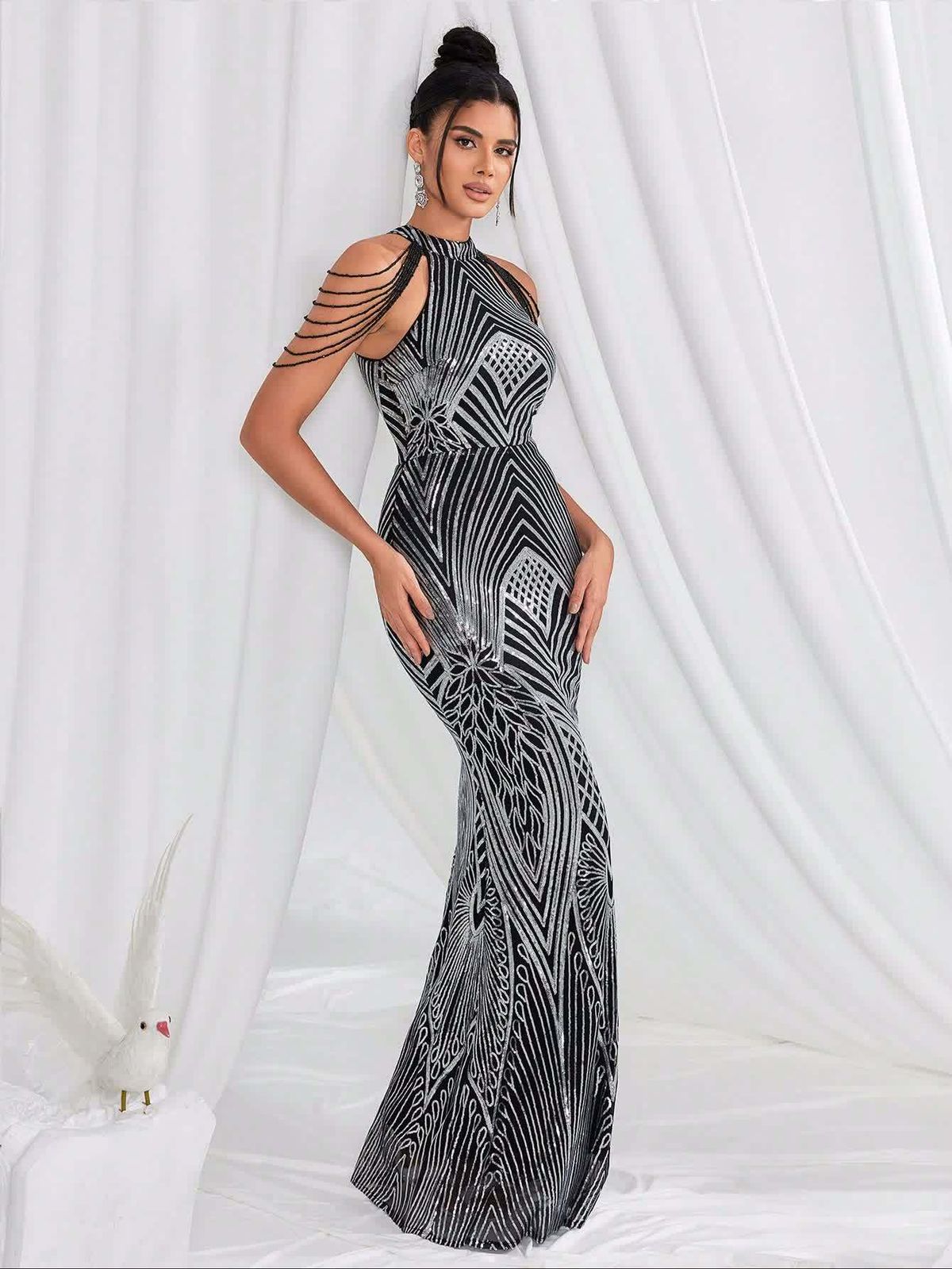 Robe de soirée sirène élégante en maille rayée à paillettes - Robe moulante ajustée pour fêtes et occasions spéciales_voghion.com