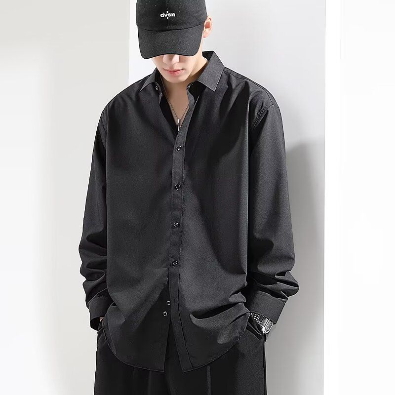 Camicia da uomo in seta ghiacciata di alta qualità – Camicia casual traspirante a maniche lunghe con scollo a V (bianco/nero, M-5XL)_voghion.com