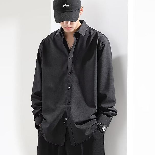 Camicia da uomo in seta ghiacciata di alta qualità – Camicia casual traspirante a maniche lunghe con scollo a V (bianco/nero, M-5XL)_voghion.com